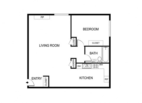 Floor plan for 1 bed, 1 bath, 530 sqft